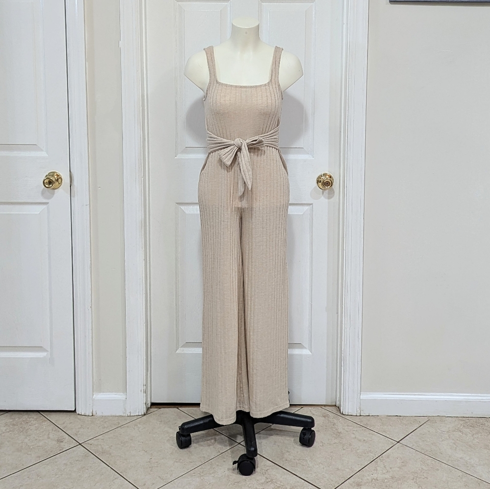 Rainbow Beige Ribbed Tie-Waist Jumpsuit